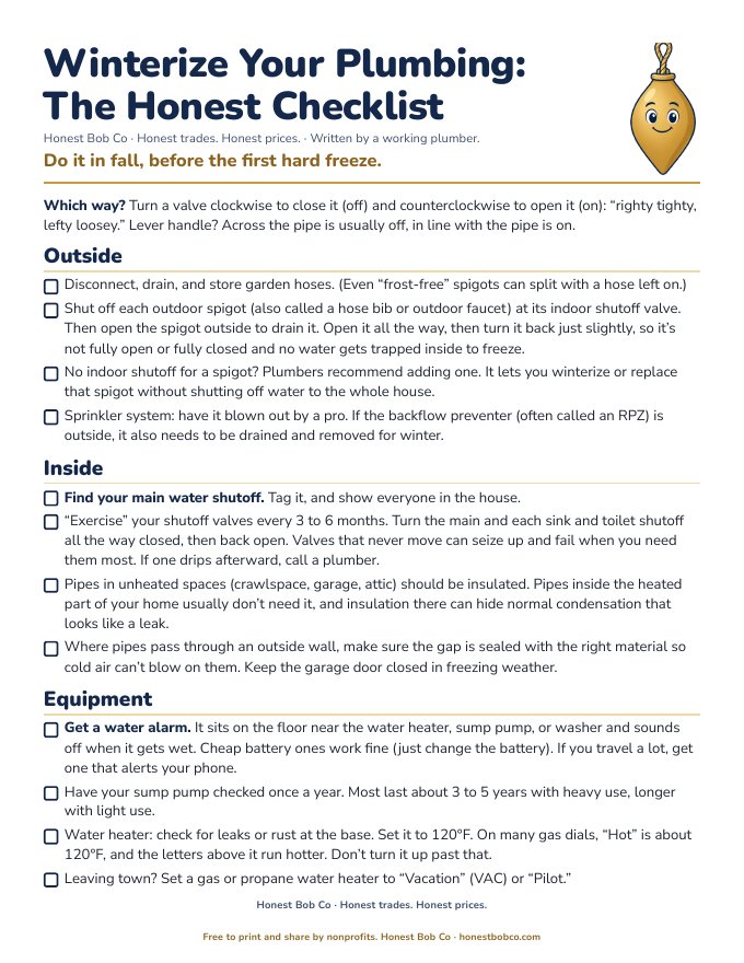 First page of the free Winter Plumbing Pack: Winterize Your Plumbing, The Honest Checklist