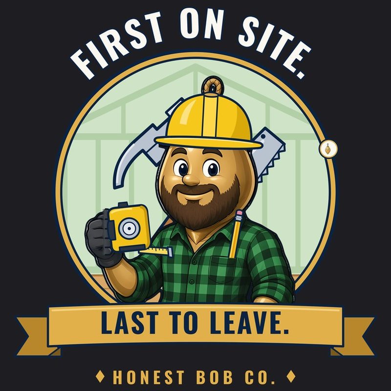 Long-sleeve print design: Rugged Bob in a green flannel and yellow hard hat with a tape measure, hammer, and saw, text First on Site. Last to Leave.