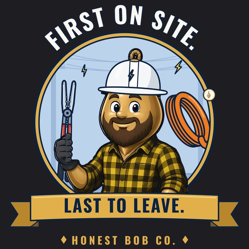 Long-sleeve print design: Rugged Bob in a yellow and black flannel and white hard hat, holding wire strippers, text First on Site. Last to Leave.