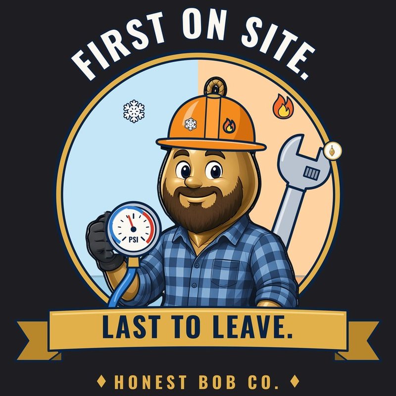Long-sleeve print design: Rugged Bob in a blue flannel and orange hard hat, holding a pressure gauge, text First on Site. Last to Leave.