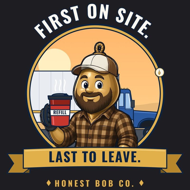 Long-sleeve print design: Rugged Bob in a trucker cap with a refill mug and a big rig at sunrise, text First on Site. Last to Leave.