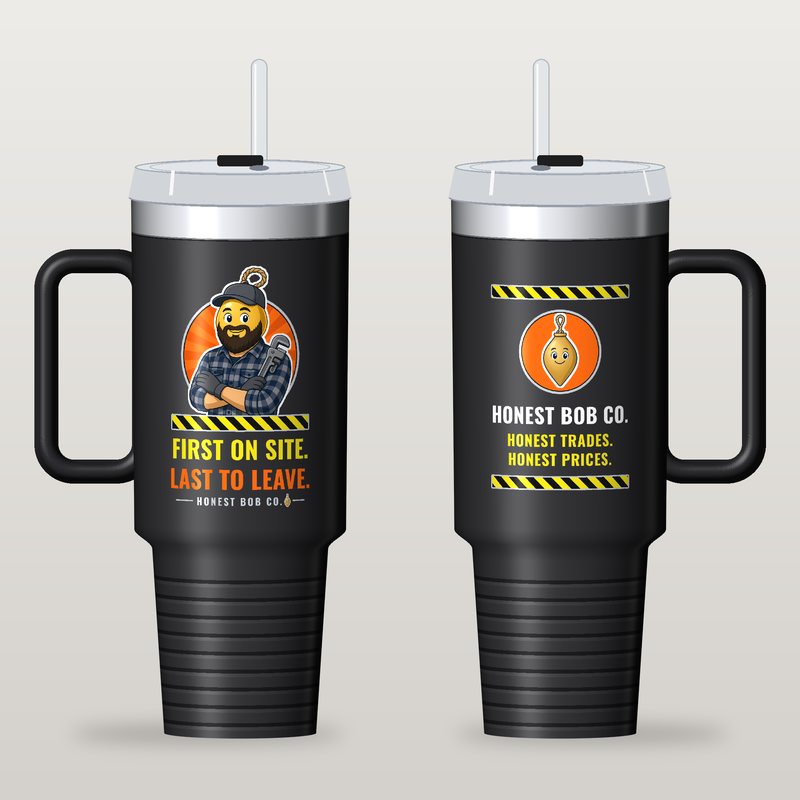Simulated preview, not a photo: black 40 oz travel mug with Rugged Bob and First on Site. Last to Leave. on one side and the gold Bob badge on the other