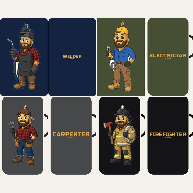 Simulated preview, not a photo: Pick Your Trade Polar Camel 40 oz tumblers showing Welder, Electrician, Carpenter, and Firefighter Bob designs