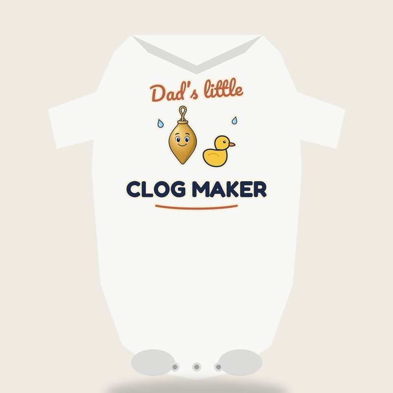 Baby bodysuit design: Dad’s little Clog Maker, with Main Bob and a rubber duck