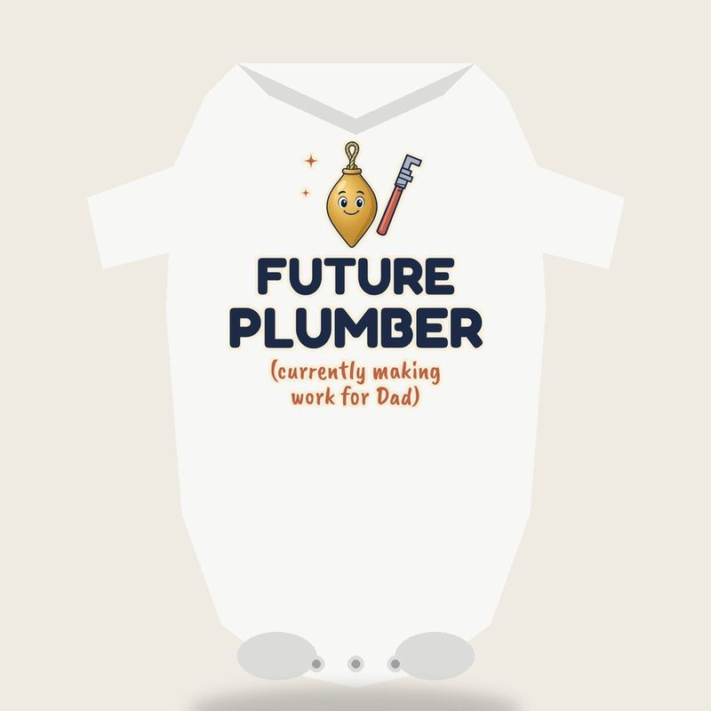 Baby bodysuit design: Future Plumber (currently making work for Dad), with Main Bob and a pipe wrench
