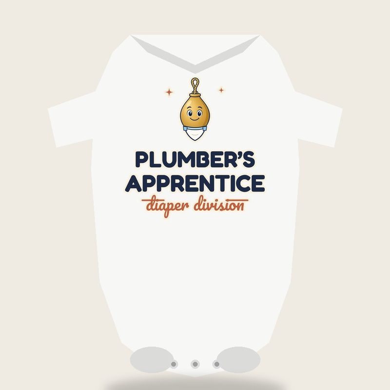 Baby bodysuit design: Plumber’s Apprentice, diaper division, with Main Bob in a tiny diaper
