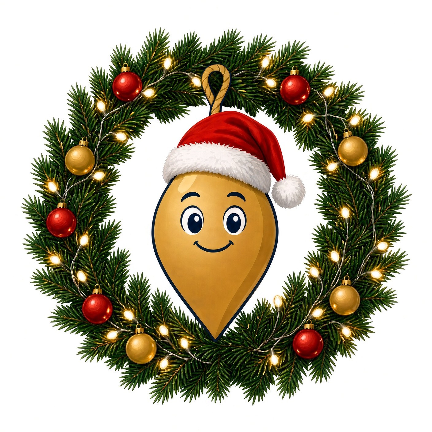 Christmas wreath with Santa-hat Bob, for a white ceramic ornament. The picture is the design, not a product photo.