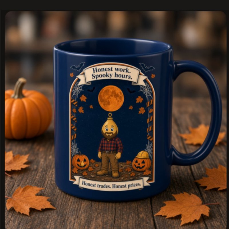 Navy mug mockup with Halloween tradesman design: Honest work. Spooky hours.