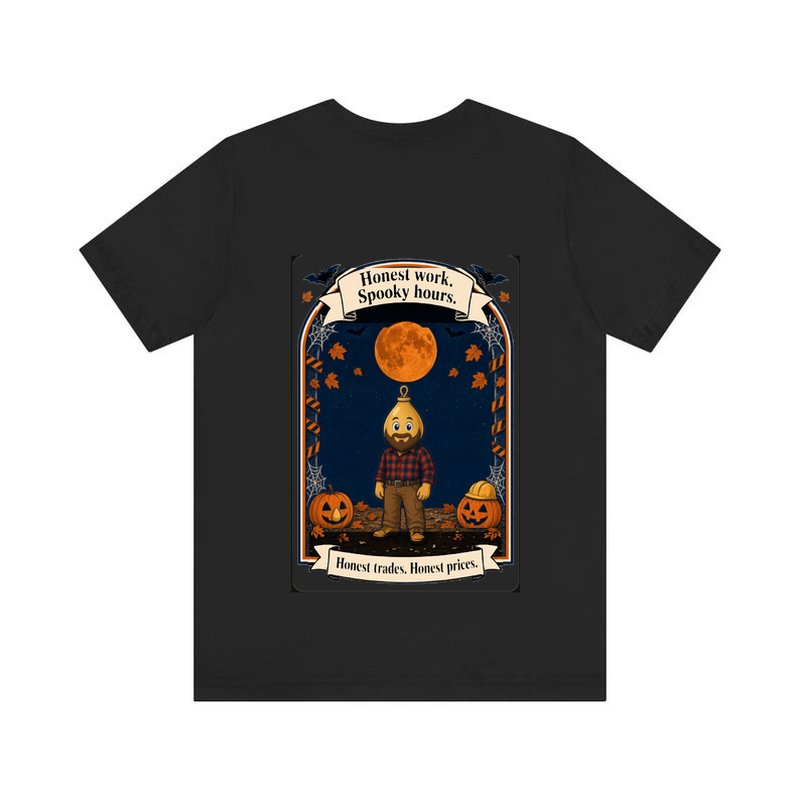 Halloween tee design: Rugged Bob with pumpkins and a blood moon, text Honest work. Spooky hours.