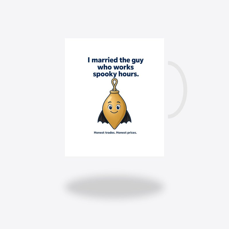 Mug design: I married the guy who works spooky hours, with Main Bob and bat wings.