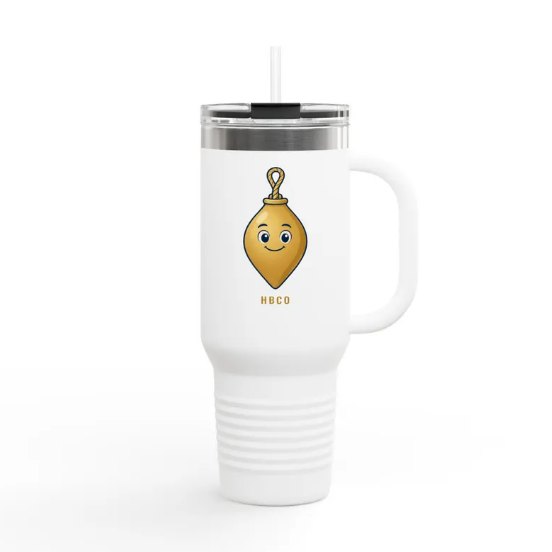White 40 oz tumbler with a handle and straw, printed with gold Main Bob and HBCO