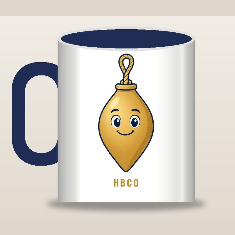 Mug preview: white mug with a navy handle and inside, gold Main Bob and HBCO