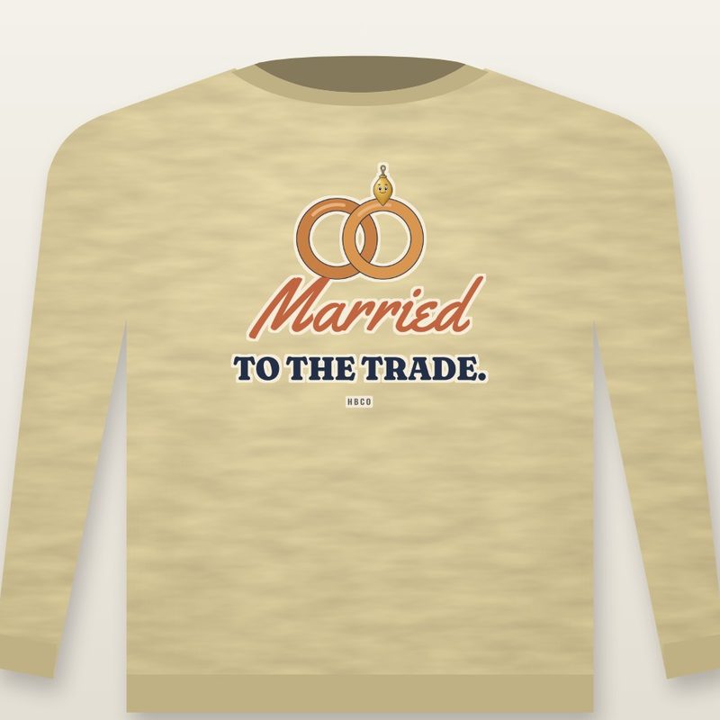 Crewneck design: Married to the Trade., two copper coupling rings with Main Bob as the stone