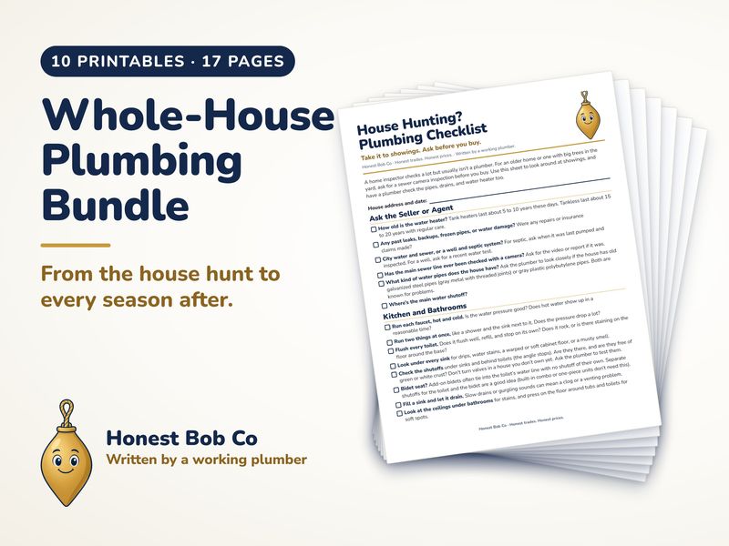 Whole-House Plumbing Bundle: ten plumbing printables fanned out